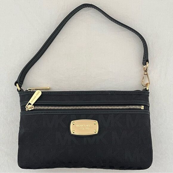 Set of 2 MK Michael Kors Jet Set Signature Logo Wristlet Mini Bag Black Taupe - Picture 2 of 9